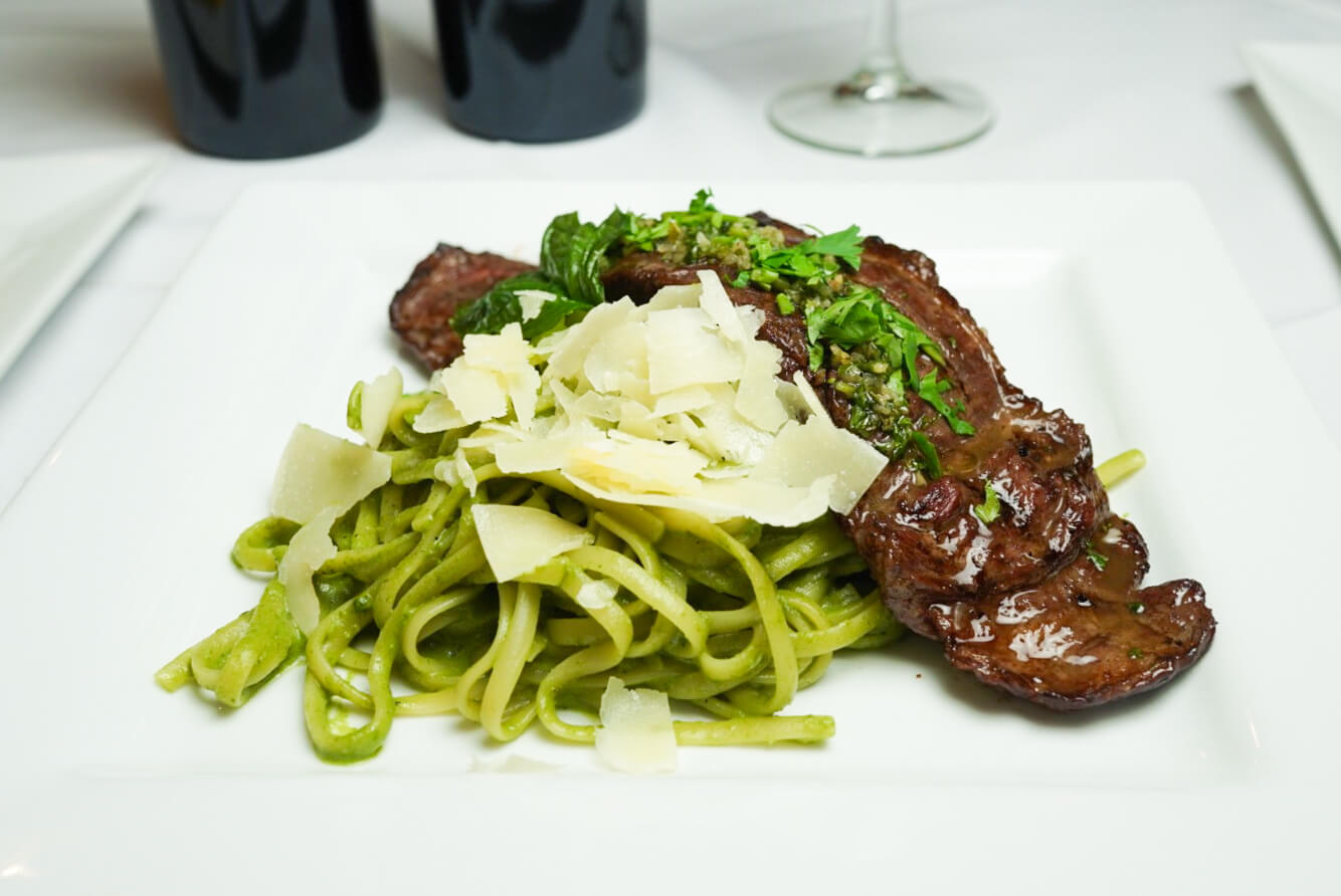 A plate of food with meat and vegetables on it.